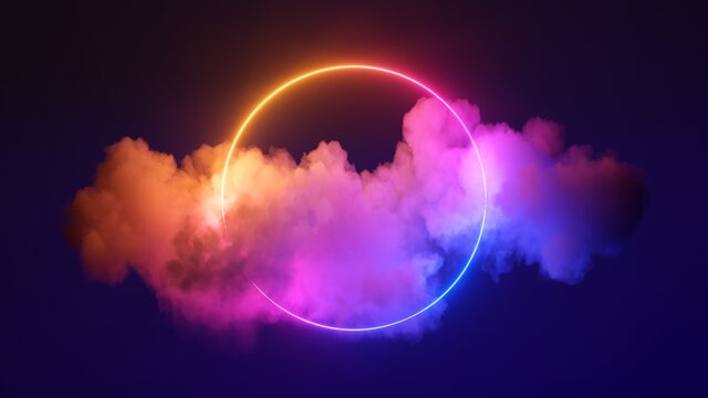 3d render, abstract cloud illuminated with neon light ring on dark night sky. Glowing geometric shape, round frame