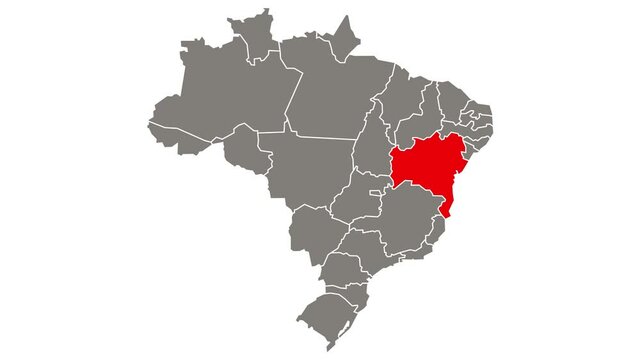 Bahia federative unit blinking red highlighted in map of Brazil