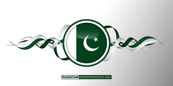 Pakistan Independence Day design with Pakistan circle flag and flying ribbon.