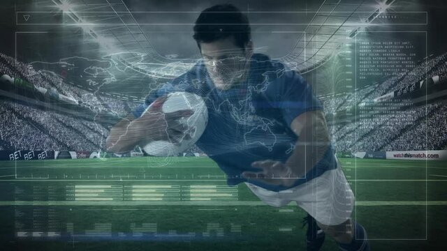 Animation of data processing over rugby player during rugby match in sports stadium