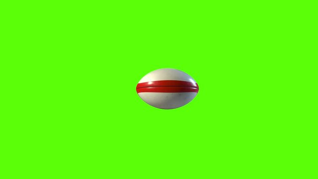 Side on view of a 3D ruby ball with red lines flying from right to left. Standard rugby ball in a continuous spin perfect for sports advertising. Green screen footage to isolate the ball.