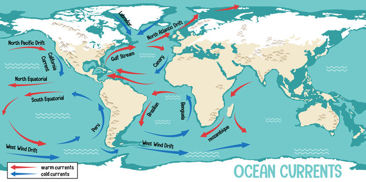 Ocean currents on world map background