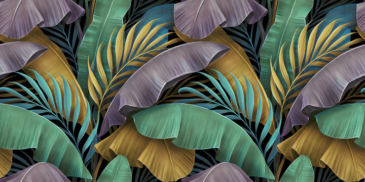 Tropical luxury exotic seamless pattern. Pastel colorful banana leaves, palm. Hand-drawn vintage 3D illustration. Dark glamorous background design. Good for wallpapers, tapestry,cloth, fabric printing