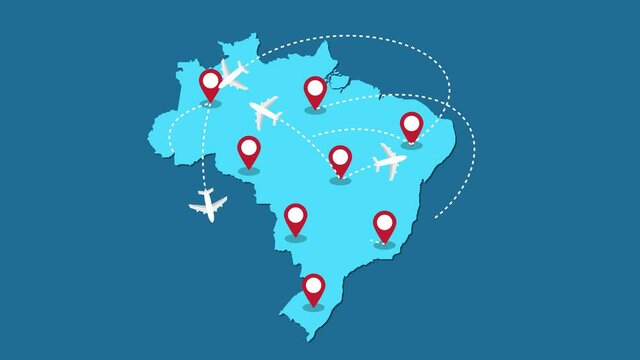 Planes routes flying over Brazil map, tourism and travel concept, Graphic animation