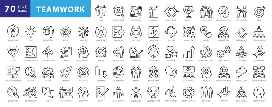 Business teamwork, team building, work group and human resources minimal thin line web icon set. Outline icons collection. Simple vector illustration