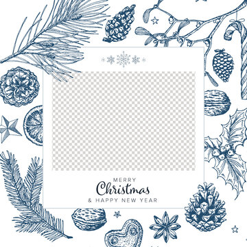 Christmas light family photo card layout template with christmas elements