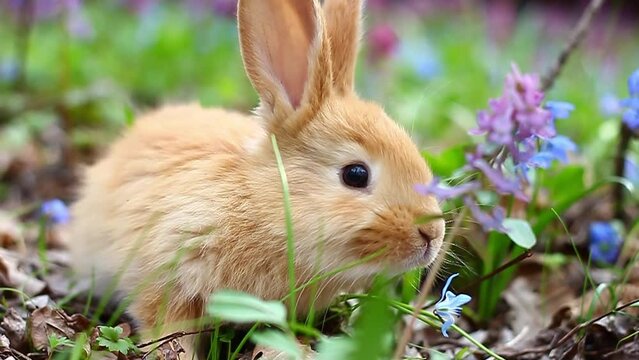 young fluffy easter red bunny animal, sits on a blooming spring meadow slow motion. Concept for spring holidays Easter. Domestic rabbit in nature