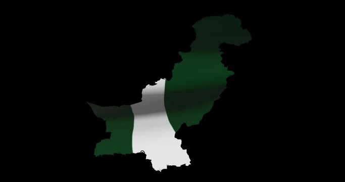 Pakistan country map outline with national flag animation. Alpha channel footage