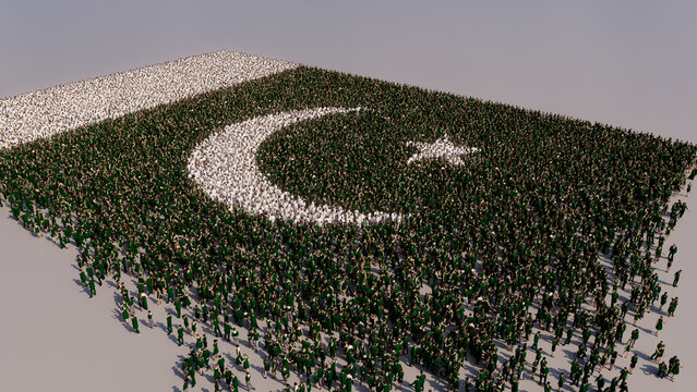 Aerial view of a Crowd of People, coming together to form the Flag of Pakistan. Pakistani Banner on White Background.