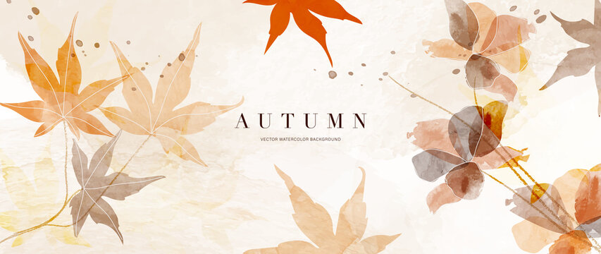 Autumn foliage in watercolor vector background. Abstract wallpaper design with maple leaves, line art, flowers. Elegant botanical in fall season illustration suitable for fabric, prints, cover.