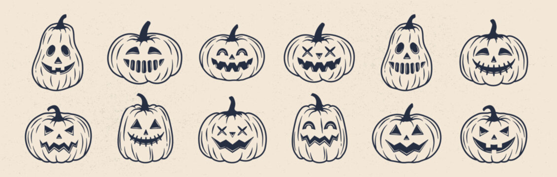 12 Halloween pumpkin icons set. Vintage funny pumpkins isolated on white background. Monsters faces. Design elements for logo, badges, banners, labels, posters. Vector illustration