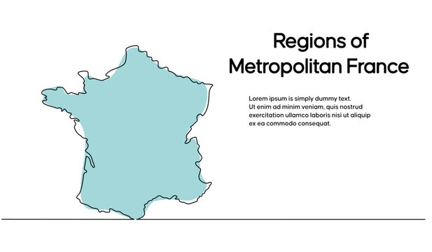 Continuous one line drawing of map of France. white background map for Education, Travel across cities in France, infographics, Science, Web Presentation isolated on white background