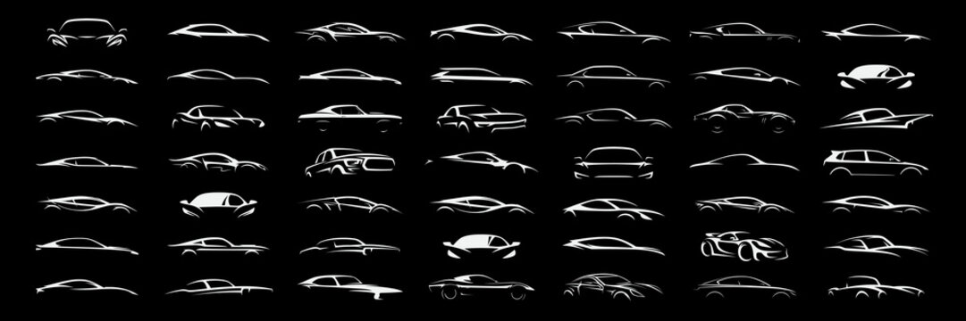 Sports car logo icon set. Motor vehicle silhouette emblems. Auto garage dealership brand identity design elements. Vector illustrations.