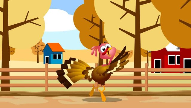 Scared Turkey Baby Cartoon Character Running. 4K Animation Video Motion Graphics With Farm Background 