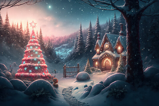 A beautiful Merry Christmas themed festive night scene in winter. A Happy New Year and Christmas Wallpaper. A Generative AI Digital Illustration.