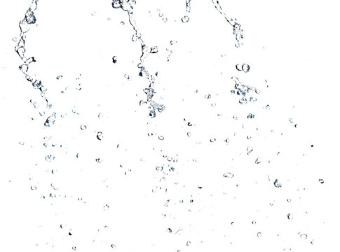 Shape form droplet of Water splashes into drop water line tube attack fluttering in air and stop motion freeze shot. Splash Water for texture graphic resource elements, White background isolated