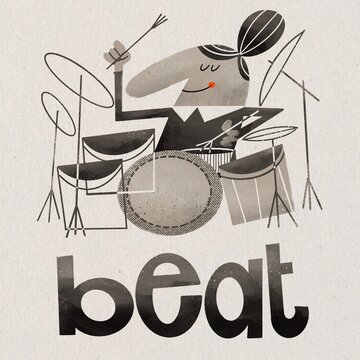 Beat Jazz Drummer Musician Female Retro Mid-Century Vintage Illustration Drumset Female Drummer Minimal