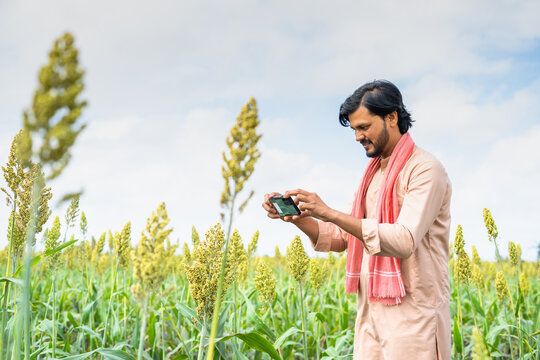 Happy young farmer checking crop growth by taking photos on mobile phone app at farmland - concept of technology, modern farming and internet