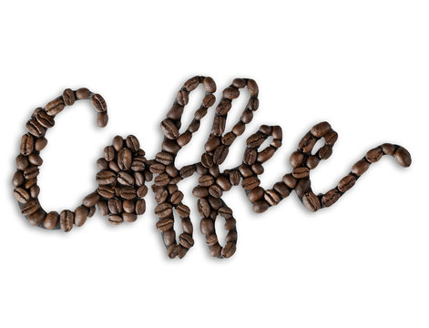 Coffee word written with coffee beans on transparent 