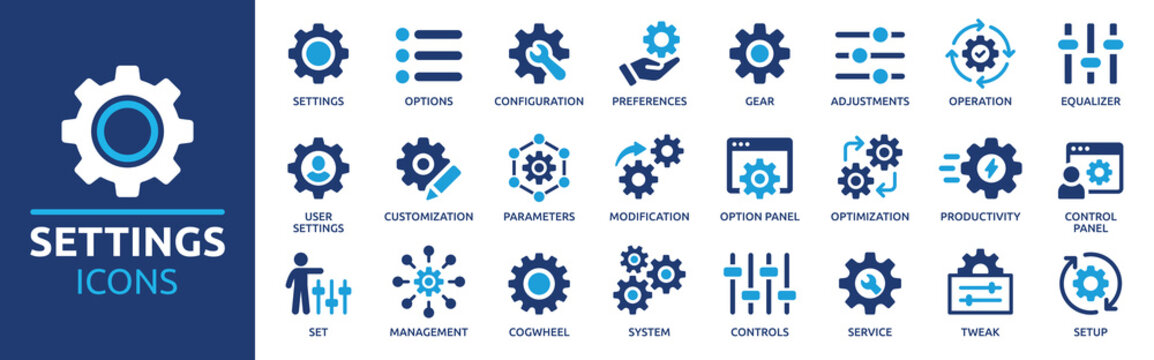 Settings, icon set. Containing options, configuration, preferences, adjustments, operation, gear, control panel, equalizer, optimization and setup icons. Solid icon collection.