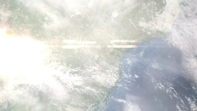 Earth zoom in from outer space to city. Zooming on Guarapuava, Parana, Brazil. The animation continues by zoom out through clouds and atmosphere into space. Images from NASA