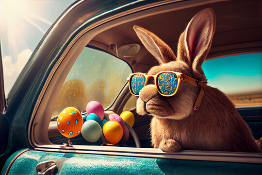 Cute Easter Bunny with sunglasses looking out of a car filed with easter eggs, Generative AI