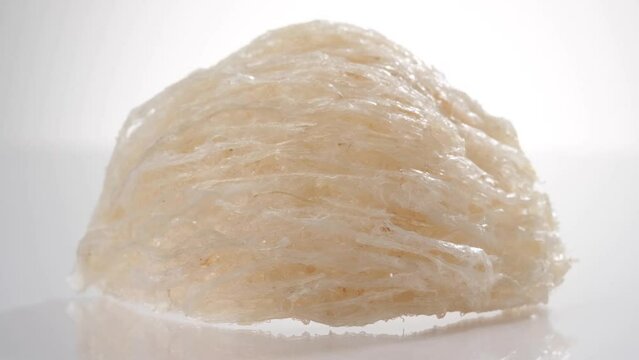 Rotating edible bird’s nest in white background. Healthy and expensive food content and advertising. Close up.