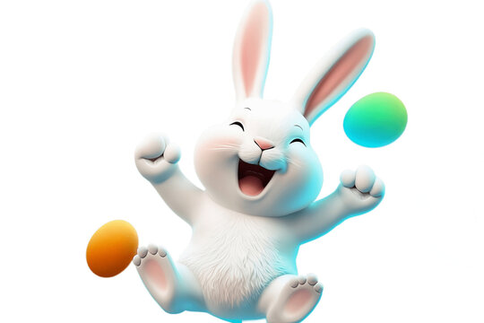 Happy jumping cartoon bunny isolated on transparent background. World smile day. PNG