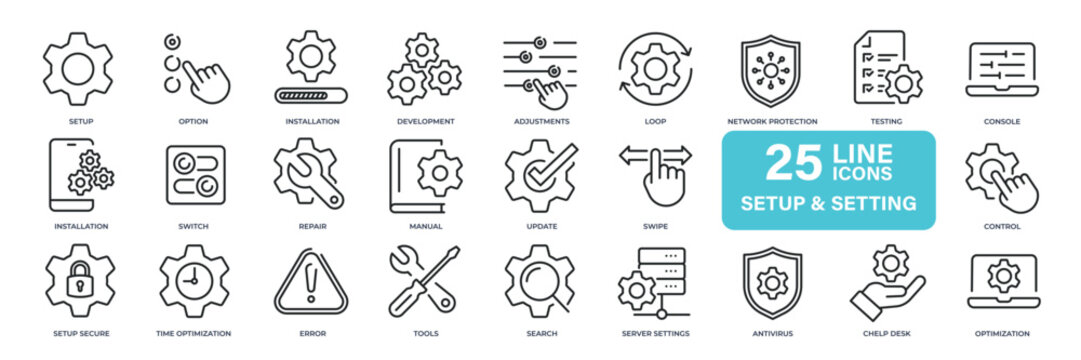 Setup and setting thin line icons. Editable stroke. For website marketing design, logo, app, template, ui, etc. Vector illustration.