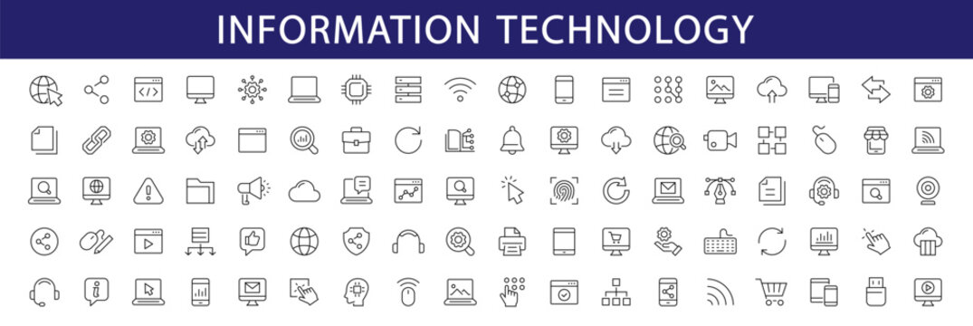 Information technology thin line icons set. Information Technology - IT editable stroke icon collection. Programming, Network, Website, Process, Internet, Data, Technology symbol. Vector