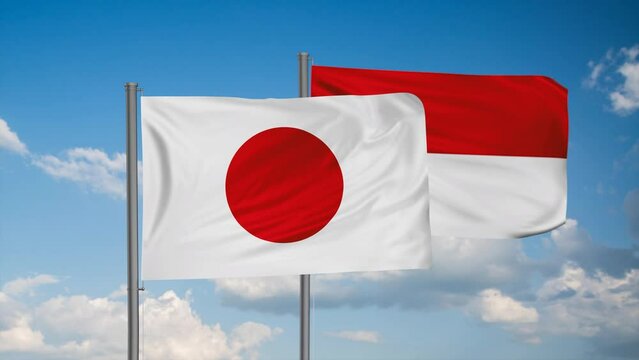 Indonesia flag and Japan flag waving together on blue sky, looped video, two country cooperation concept