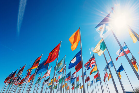 British Commonwealth and France flags and world national flags are flying