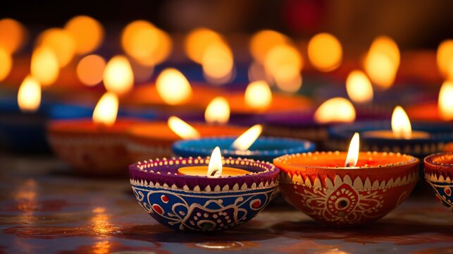 diwali day festival diwali lanterns background with candles and blurred lights. Generative AI