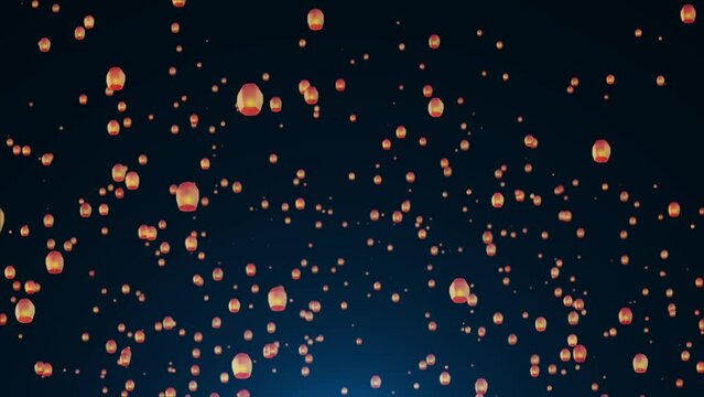 Floating lanterns in Yee Peng Festival Flying Sky burning flame lanterns Animation Background. Diwali festival, Autumn Festival or Chinese festive. Luminous floating lamps night sky Lanterns floating.