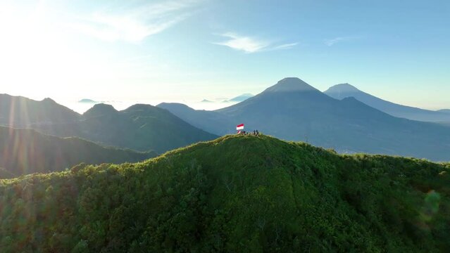 Aerial View of Indonesian Flag Raising on Independence Day Over Mount Bisma, Central Java.