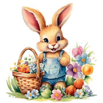 Cute easter bunny with a basket full of flowers