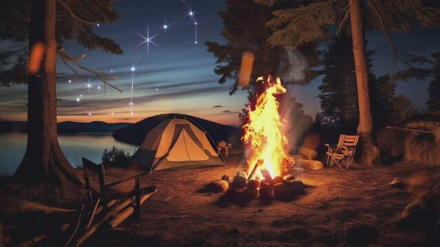 Wild camping and wildlife adventure atmosphere. seamless and looping animation