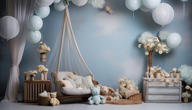 Backdrop for studio photo of young child and new born baby, bedroom with toys