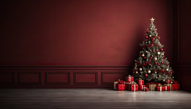 Backdrop for studio photo, christmas tree and gifts on burgundy background