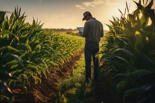 Agriculture. Male farmer wearing rubber boots. holding a tablet Working along the sunshine near the green corn fields. AI generative