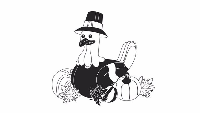 Thanksgiving pilgrim turkey in pumpkins fall bw 2D character animation. Harvest outline cartoon 4K video, alpha channel. Wearing hat capotain poultry fowl animated animal isolated on white background