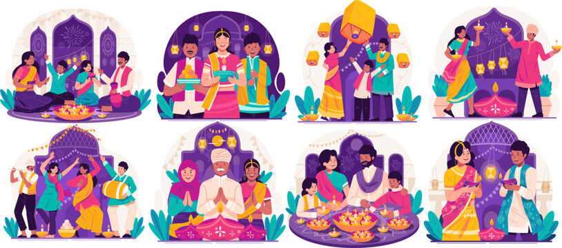 Illustration Set of Happy Diwali Greetings. Indian People in Traditional Clothing Holding Lit Oil Lamps or Diya Celebrating Diwali Festival of Lights