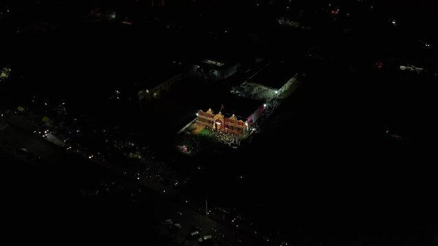 Aerial view of a temple stage setup for Ganesh Chaturthi and cultural activities