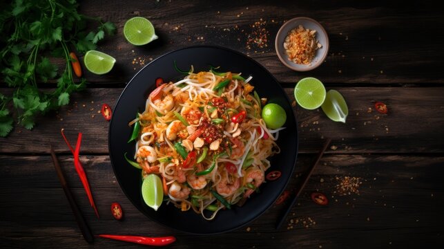 Top view of Pad Thai on a black wooden table, Thai food, national food