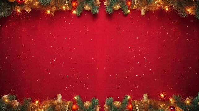 Christmas background with xmas tree and sparkle bokeh lights on red canvas background. Merry christmas card. Winter holiday theme. Happy New Year. Space for text, top view	
