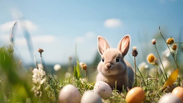 Easter landscape, bunny with colorful eggs and daisy flower on meadow under beautiful sky. Fresh green grass and spring flowers with sunlight 3d rendering