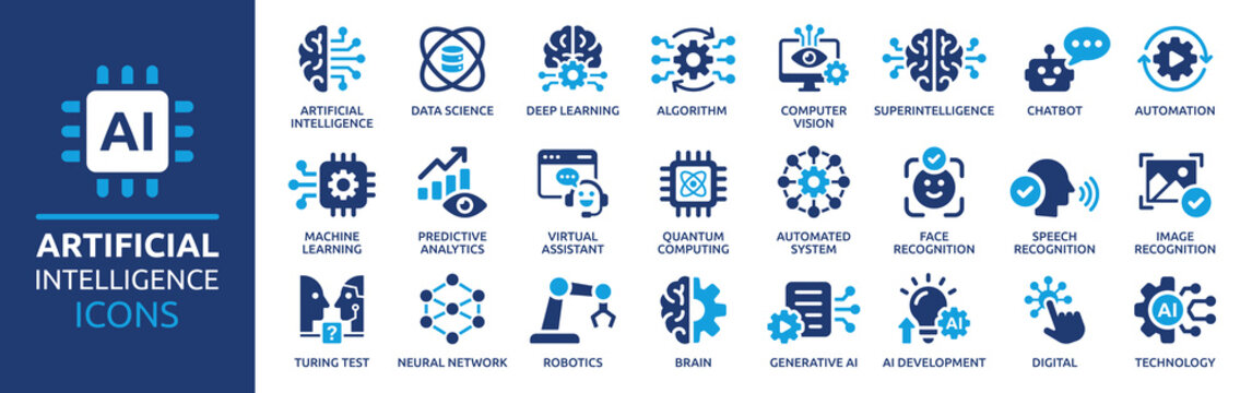 Artificial intelligence icon set. Containing machine learning, data science, AI, virtual assistant, generative AI, technology, Turing test and more. Solid vector icons collection.