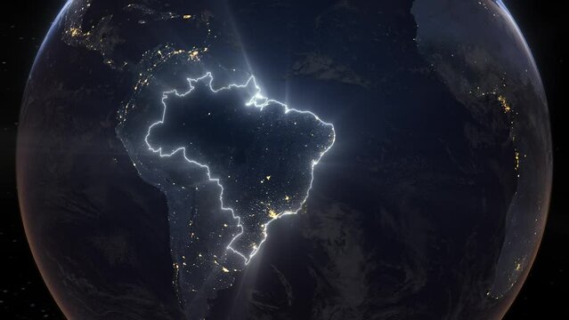 Realistic Earth Orbit and Zoom Glowing Borders Brazil