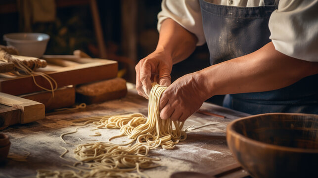 chef making handmade noodles for a Chinese noodle dish generative ai