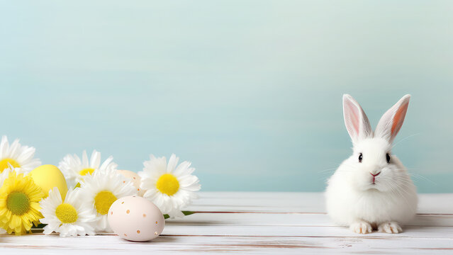 Cute Easter bunny with eggs and flowers on light blue backgound